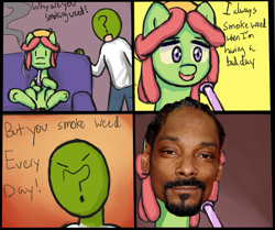 Size: 953x796 | Tagged: safe, artist:owlnon, edit, imported from derpibooru, tree hugger, oc, oc:anon, human, bong, comic, couch, dialogue, drugs, feels, marijuana, parody, smoke weed everyday, snoop dogg