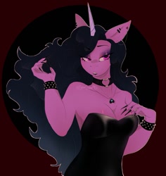 Size: 1073x1139 | Tagged: safe, artist:superduperath, imported from derpibooru, izzy moonbow, anthro, unicorn, breasts, choker, cleavage, clothes, dress, female, fingernails, g5, goth, goth izzy, latex, lidded eyes, long nails, solo, spiked wristband, wristband