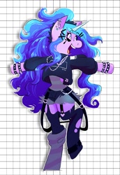 Size: 1034x1500 | Tagged: safe, artist:stevetwisp, imported from derpibooru, izzy moonbow, pony, semi-anthro, unicorn, clothes, cute, daisy dukes, g5, garter belt, garter straps, goth, goth izzy, hoodie, izzybetes, makeup, open mouth, piercing, punk, ripped stockings, shirt, shorts, smiling, solo, spiked wristband, stockings, thigh highs, torn clothes, wristband