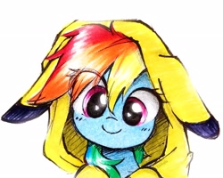 Size: 2235x1790 | Tagged: safe, artist:liaaqila, imported from derpibooru, rainbow dash, pegasus, pikachu, pony, clothes, cute, daaaaaaaaaaaw, dashabetes, eye clipping through hair, hoodie, liaaqila is trying to murder us, liaaqila is trying to murder us with dashabetes, looking at you, pokémon, simple background, smiling, smiling at you, solo, traditional art, weapons-grade cute, white background