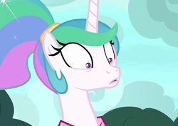 Size: 800x568 | Tagged: safe, imported from derpibooru, screencap, princess celestia, alicorn, pony, between dark and dawn, season 9, spoiler:s09, alternate hairstyle, blue sky, celestia is not amused, cloud, cute, cutelestia, face, ponytail, shocked, shrunken pupils, sky, surprised face, unamused, wtf