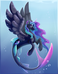 Size: 1001x1273 | Tagged: safe, artist:cyanreef, imported from derpibooru, oc, oc only, alicorn, hybrid, merpony, seapony (g4), artfight, blue mane, bubble, crepuscular rays, curved horn, digital art, dorsal fin, feather, female, fins, fish tail, flowing mane, flowing tail, green eyes, horn, mare, ocean, seaponified, signature, smiling, solo, species swap, spread wings, swimming, tail, underwater, water, wings