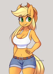 Size: 800x1120 | Tagged: safe, artist:handgunboi, imported from derpibooru, applejack, anthro, earth pony, beautiful, belly button, belt, big breasts, breasts, busty applejack, cleavage, clothes, curvy, daisy dukes, denim, female, freckles, hand on hip, hat, hourglass figure, jeans, midriff, pants, shorts, simple background, smiling, solo, stupid sexy applejack, tanktop