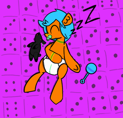 Size: 2000x1900 | Tagged: safe, artist:duckchip, imported from derpibooru, oc, earth pony, goat, bed, commission, diaper, diaper fetish, dice, earth pony oc, fetish, non-baby in diaper, onomatopoeia, plushie, rattle, sleeping, sleepy, solo, sound effects, ych result, zzz