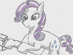 Size: 640x480 | Tagged: safe, artist:あすぐり, imported from derpibooru, rarity, pony, unicorn, female, mare, open mouth, sewing machine, solo, traditional art