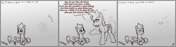 Size: 3000x800 | Tagged: safe, artist:hiddelgreyk, imported from derpibooru, oc, oc only, pegasus, atg 2022, bionicle, black and white, colt, comic, dialogue, foal, grayscale, lego, looking at each other, looking at someone, male, monochrome, newbie artist training grounds, pegasus oc, pointing, self paradox, self ponidox, shook, signature, simple background, sitting, sketch, speech bubble, stallion, time travel