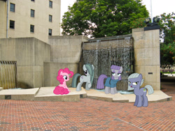 Size: 2048x1536 | Tagged: safe, artist:cencerberon, artist:luckreza8, artist:mlplover94, artist:slb94, imported from derpibooru, limestone pie, marble pie, maud pie, pinkie pie, earth pony, pony, alabama, annoyed, birmingham, blushing, female, irl, mare, photo, pie sisters, ponies in real life, siblings, sisters, water, waterfall