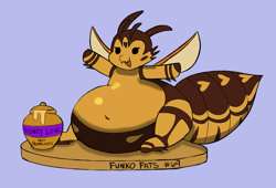 Size: 1171x794 | Tagged: safe, artist:montsundere, artist:waspm0ther, imported from derpibooru, oc, oc only, oc:bee berry, bee pony, original species, 69 (number), belly, big belly, collaboration, dot eyes, fat, fat fetish, female, fetish, food, funko, honey, open mouth, open smile, simple background, sitting, smiling, solo, toy