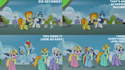 Size: 1280x720 | Tagged: safe, edit, edited screencap, editor:quoterific, imported from derpibooru, screencap, cloudchaser, fast clip, lightning dust, manerick, meadow flower, rainbow dash, spitfire, pegasus, pony, season 3, wonderbolts academy, :o, eyes closed, female, flying, goggles, male, mare, open mouth, open smile, smiling, spread wings, stallion, text, wings