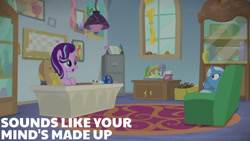 Size: 1280x720 | Tagged: safe, edit, edited screencap, editor:quoterific, imported from derpibooru, screencap, starlight glimmer, trixie, pony, unicorn, road to friendship, season 8, spoiler:s08, couch, duo, female, mare, open mouth, school of friendship, starlight's office, text