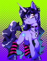 Size: 1465x1880 | Tagged: safe, artist:stacy_165cut, imported from derpibooru, izzy moonbow, pony, unicorn, backwards cutie mark, choker, clothes, ear piercing, earring, eyeshadow, female, g5, goth, goth izzy, horn, jewelry, makeup, mare, necklace, piercing, socks, solo