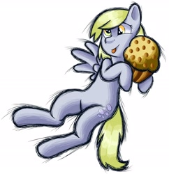 Size: 2920x3020 | Tagged: safe, artist:trr_bc, imported from derpibooru, derpy hooves, pegasus, pony, fighting is magic, fighting is magic aurora, food, gray coat, muffin, simple background, solo, splash art, white background, yellow eyes, yellow mane