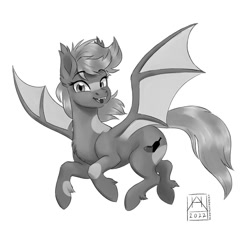 Size: 1024x1024 | Tagged: safe, artist:bluefeathercat, imported from derpibooru, oc, oc only, bat pony, pony, bat pony oc, flying, happy, looking at you, simple background, smiling, smiling at you, solo, spread wings, white background, wings