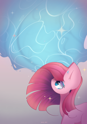 Size: 2400x3400 | Tagged: safe, artist:miryelis, imported from derpibooru, pinkie pie, earth pony, pony, big ears, crying, impossibly large ears, long hair, looking up, pinkamena diane pie, simple background, solo, water