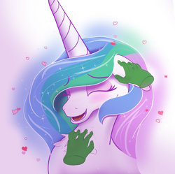 Size: 2008x2000 | Tagged: safe, alternate version, artist:enonnnymous, imported from derpibooru, princess celestia, oc, oc:anon, alicorn, human, pony, blushing, chest fluff, cute, cutelestia, disembodied hand, ear scratch, eyes closed, floating heart, hand, happy, heart, laughing, open mouth, open smile, simple background, smiling, transparent background