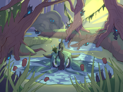 Size: 2400x1800 | Tagged: safe, artist:geatmos, imported from derpibooru, queen chrysalis, changeling, changeling queen, cattails, crown, female, hiding, jewelry, looking at you, moss, peekaboo, peeking, plant, reeds, regalia, sunlight, swamp, tree