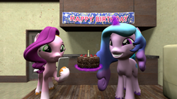 Size: 3413x1920 | Tagged: safe, artist:westrail642fan, imported from derpibooru, izzy moonbow, pipp petals, pegasus, pony, unicorn, 3d, birthday, black forest cake, cake, food, g4, g5, g5 to g4, generation leap, phone, source filmmaker