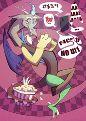 Size: 1700x2400 | Tagged: safe, artist:geatmos, imported from derpibooru, discord, draconequus, abstract background, angry, cellphone, crossed legs, food, mischievous, phone, popcorn, signature, smartphone, solo