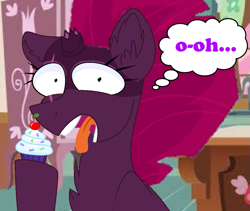 Size: 973x822 | Tagged: safe, artist:decokenite, artist:katnekobase, imported from derpibooru, fizzlepop berrytwist, tempest shadow, pony, unicorn, cupcake, eating, female, food, it happened, mare, oh no, open mouth, shocked, shocked expression, shocked eyes, solo, speech bubble, tongue out, wtf, wtf face