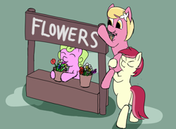 Size: 1136x837 | Tagged: safe, artist:frilanka, imported from derpibooru, daisy, flower wishes, lily, lily valley, roseluck, earth pony, pony, bipedal, female, filly, flower, flower in hair, flower trio, foal, hammer, paint, stand, standing, standing on two hooves, trio, trio female