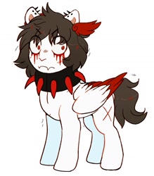 Size: 1260x1440 | Tagged: safe, artist:highrolleryt, imported from derpibooru, oc, oc only, pegasus, pony, blood, choker, colored wings, crying, ear piercing, frown, male, pegasus oc, piercing, simple background, solo, spiked choker, stallion, tears of blood, two toned wings, white background, wings