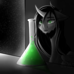 Size: 750x750 | Tagged: safe, artist:kat-the-true-kitkat, imported from derpibooru, oc, oc only, pony, unicorn, crying, erlenmeyer flask, flask, horn, inktober, inktober 2018, solo, unicorn oc