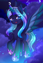 Size: 1700x2500 | Tagged: safe, artist:fluffywhirlpool, imported from derpibooru, oc, oc only, alicorn, pony, alicorn oc, blue mane, commission, crescent moon, crown, female, gradient eyes, gradient mane, gradient tail, hoof shoes, horn, jewelry, looking at you, mare, moon, night, open mouth, ponified, raised hoof, regalia, smiling, solo, spread wings, tail, wings