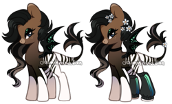 Size: 647x392 | Tagged: safe, artist:dammmnation, imported from derpibooru, oc, oc only, bat pony, hybrid, pony, zony, bat pony oc, bat wings, choker, clothes, duo, eyelashes, female, flower, flower in hair, leg warmers, makeup, mare, simple background, transparent background, wings