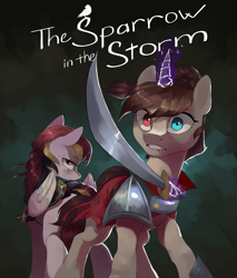 Size: 4259x5000 | Tagged: safe, artist:cadillac-dynamite, imported from derpibooru, oc, oc only, oc:typhoon, pegasus, pony, unicorn, fanfic:the sparrow in the storm, armor, fanfic, fanfic art, fanfic cover, heterochromia, sword, weapon