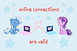 Size: 3762x2531 | Tagged: safe, artist:confetticakez, imported from derpibooru, starlight glimmer, trixie, pony, unicorn, computer, cute, diatrixes, duo, female, glimmerbetes, heart, laptop computer, lesbian, mare, motivational, positive message, positive ponies, shipping, startrix