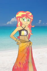 Size: 1594x2393 | Tagged: safe, artist:nathanamiel, imported from derpibooru, sunset shimmer, human, equestria girls, beach, belly button, bikini, bikini top, clothes, fiery shimmer, sarong, summer, swimsuit