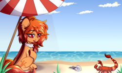 Size: 2500x1500 | Tagged: safe, artist:fluffywhirlpool, imported from derpibooru, oc, oc only, oc:cinnamon dust, bat pony, pony, scorpion, bat pony oc, beach, beach umbrella, commission, female, folded wings, mare, ocean, sand, solo, sunscreen, water, wings, ych result