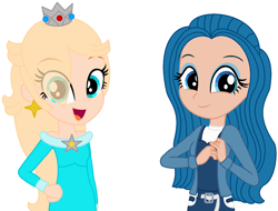 Size: 1298x987 | Tagged: safe, artist:leah2007, artist:user15432, imported from derpibooru, human, equestria girls, barely eqg related, base used, belt, blue dress, clothes, crossover, crown, dress, duo, ear piercing, earring, equestria girls style, equestria girls-ified, eyeshadow, hand on hip, jacket, jewelry, looking at you, makeup, open mouth, piercing, princess rosalina, rainbow high, regalia, rosalina, simple background, skyler bradshaw, smiling, super mario bros., super mario galaxy, white background