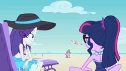 Size: 1920x1080 | Tagged: safe, imported from derpibooru, screencap, rarity, sci-twi, spike, spike the regular dog, twilight sparkle, dog, human, equestria girls, equestria girls series, forgotten friendship, bare shoulders, beach, beach chair, bikini, breasts, chair, clothes, drone, duo, duo female, female, hat, rarity's blue sarong, rarity's purple bikini, sarong, sci-twi swimsuit, selfie drone, sitting, sleeveless, sun hat, swimsuit