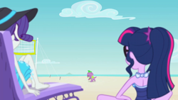 Size: 1920x1080 | Tagged: safe, imported from derpibooru, screencap, rarity, sci-twi, spike, spike the regular dog, twilight sparkle, dog, human, equestria girls, equestria girls series, forgotten friendship, bare shoulders, barefoot, beach, beach chair, bikini, breasts, chair, clothes, duo, duo female, feet, female, hat, rarity's blue sarong, sarong, sci-twi swimsuit, sitting, sleeveless, sun hat, swimsuit
