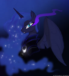 Size: 2400x2616 | Tagged: safe, artist:helenasherzblut, imported from derpibooru, nightmare moon, princess luna, alicorn, pony, fall of the crystal empire, 2014, armor, badass, bevor, black background, blue background, eyeshadow, makeup, nightmare eyes, old art, simple background, slit pupils, solo, sombra eyes