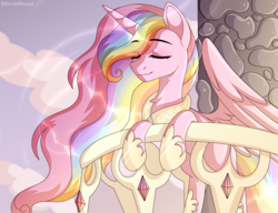 Size: 2500x1924 | Tagged: safe, artist:fluffywhirlpool, imported from derpibooru, oc, oc only, oc:pink satin, alicorn, pony, alicorn oc, balcony, commission, dawn, eyes closed, female, hoof shoes, horn, mare, multicolored hair, rainbow hair, smiling, solo, wings, ych result