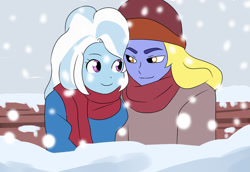 Size: 1280x879 | Tagged: safe, artist:qsky, imported from derpibooru, hoo'far, trixie, human, equestria girls, clothes, equestria girls-ified, female, male, scarf, shipping, snow, snowfall, straight, trixfar