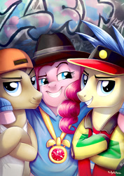 Size: 595x842 | Tagged: safe, artist:yulyeen, imported from derpibooru, doctor whooves, goldengrape, pinkie pie, red delicious, sir colton vines iii, time turner, earth pony, pony, testing testing 1-2-3, apple family member, backwards ballcap, baseball cap, cap, clothes, female, hat, male, mare, rap, rapper pie, smiling, stallion, tanktop