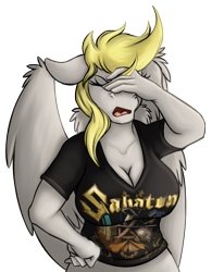 Size: 717x921 | Tagged: safe, artist:jamescorck, imported from derpibooru, derpy hooves, anthro, pegasus, breasts, busty derpy hooves, clothes, commission, derpy hooves is not amused, digital art, facepalm, female, pants, sabaton, shirt, simple background, solo, spread wings, thighs, transparent background, unamused, wide hips, wings