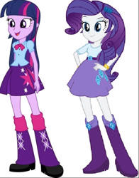 Size: 578x737 | Tagged: safe, artist:jerrybonds1995, imported from derpibooru, rarity, twilight sparkle, human, equestria girls, belt, boots, clothes, high heel boots, shirt, shoes, simple background, skirt, sleeveless, solo, tanktop, white background