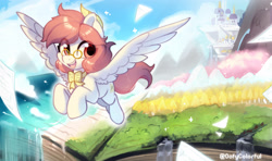 Size: 2688x1589 | Tagged: safe, artist:oofycolorful, imported from derpibooru, oc, oc only, oc:芳棠, pegasus, pony, bowtie, commission, female, flying, forest, glasses, open mouth, open smile, river, scenery, smiling, solo, water