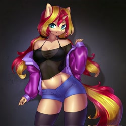 Size: 2048x2048 | Tagged: safe, artist:yutakira92, imported from derpibooru, sunset shimmer, anthro, unicorn, absolute cleavage, alternate hairstyle, belly button, bra, breasts, cleavage, clothes, female, horn, jacket, midriff, open clothes, ponytail, see-through, shirt, shorts, solo, stockings, thigh highs, underwear