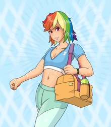 Size: 1163x1321 | Tagged: safe, artist:carpdime, imported from derpibooru, rainbow dash, human, bag, belly button, delicious flat chest, female, humanized, midriff, rainbow flat, solo