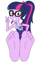 Size: 3500x6500 | Tagged: safe, artist:keronianniroro, imported from derpibooru, sci-twi, twilight sparkle, human, equestria girls, equestria girls series, forgotten friendship, adorasexy, adorkable, barefoot, base used, clothes, cute, dork, feet, female, fetish, foot fetish, foot focus, glasses, grin, looking at you, peace sign, ponytail, sci-twi swimsuit, sexy, simple background, smiling, soles, solo, swimsuit, toes, transparent background, twiabetes, vector
