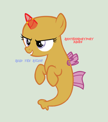 Size: 1832x2060 | Tagged: safe, artist:redthebronypony, imported from derpibooru, seapony (g4), season 8, surf and/or turf, spoiler:s08, bald, base, blue text, female, filly, foal, g4, gray background, grin, hooves, ms paint, narrowed eyes, red text, simple background, smiling, solo, text, underhoof