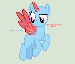 Size: 1253x1073 | Tagged: safe, artist:redthebronypony, imported from derpibooru, alicorn, pony, bald, base, blue text, female, flying, frown, g4, gray background, hooves, mare, ms paint, red text, simple background, solo, text