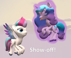 Size: 1316x1080 | Tagged: safe, artist:red4567, imported from derpibooru, izzy moonbow, zipp storm, pegasus, pony, unicorn, 3d, atg 2022, duo, duo female, female, g4, g5, g5 to g4, generation leap, hypocrisy, hypocritical humor, levitation, magic, mare, newbie artist training grounds, self-levitation, source filmmaker, teasing, telekinesis, tongue out, unamused, zipp storm is not amused