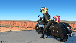 Size: 3840x2160 | Tagged: safe, artist:apocheck13, imported from derpibooru, sunset shimmer, anthro, plantigrade anthro, unicorn, ass, biker, butt, clothes, desert, female, jacket, leather jacket, looking at you, looking back, motorcycle, solo