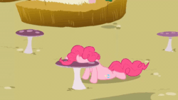 Size: 520x293 | Tagged: safe, imported from derpibooru, screencap, pinkie pie, earth pony, pony, season 3, too many pinkie pies, animated, banging, gif, mushroom table, solo, stress, table